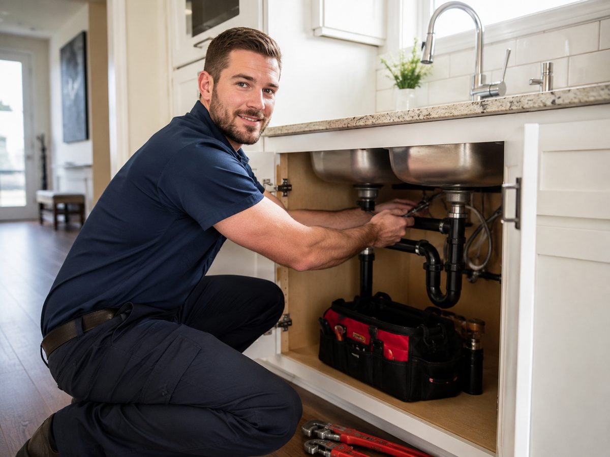 Plumber repairing kitchen sink