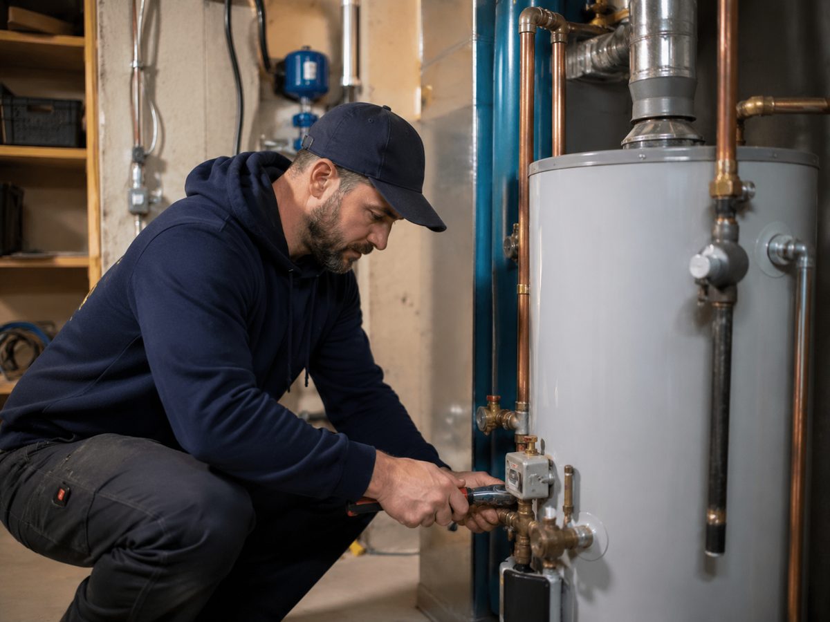 Plumber working on hot water tank